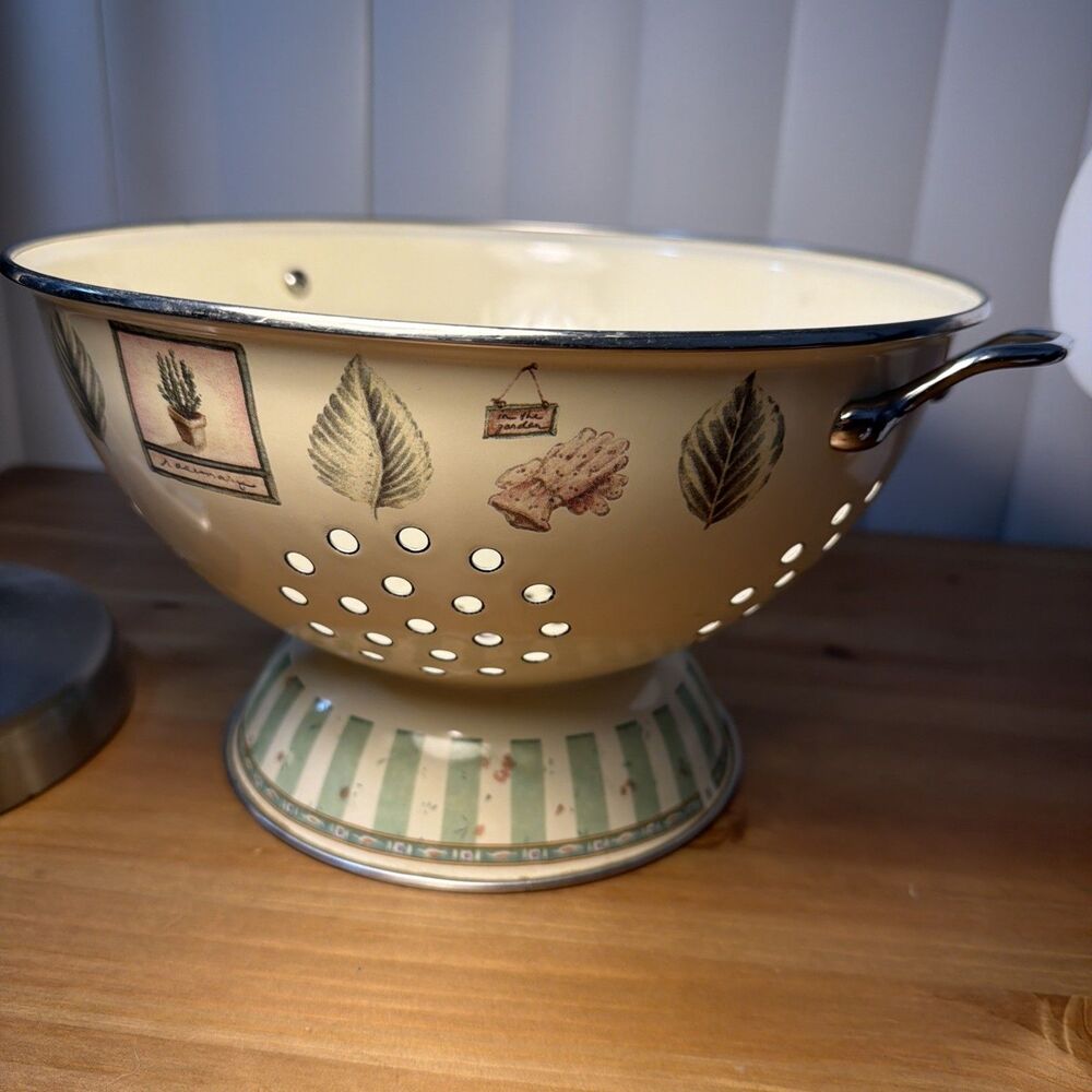 Large Pfaltzgraff Naturewood Enamel Metal Colander Pasta Strainer Sieve 11"